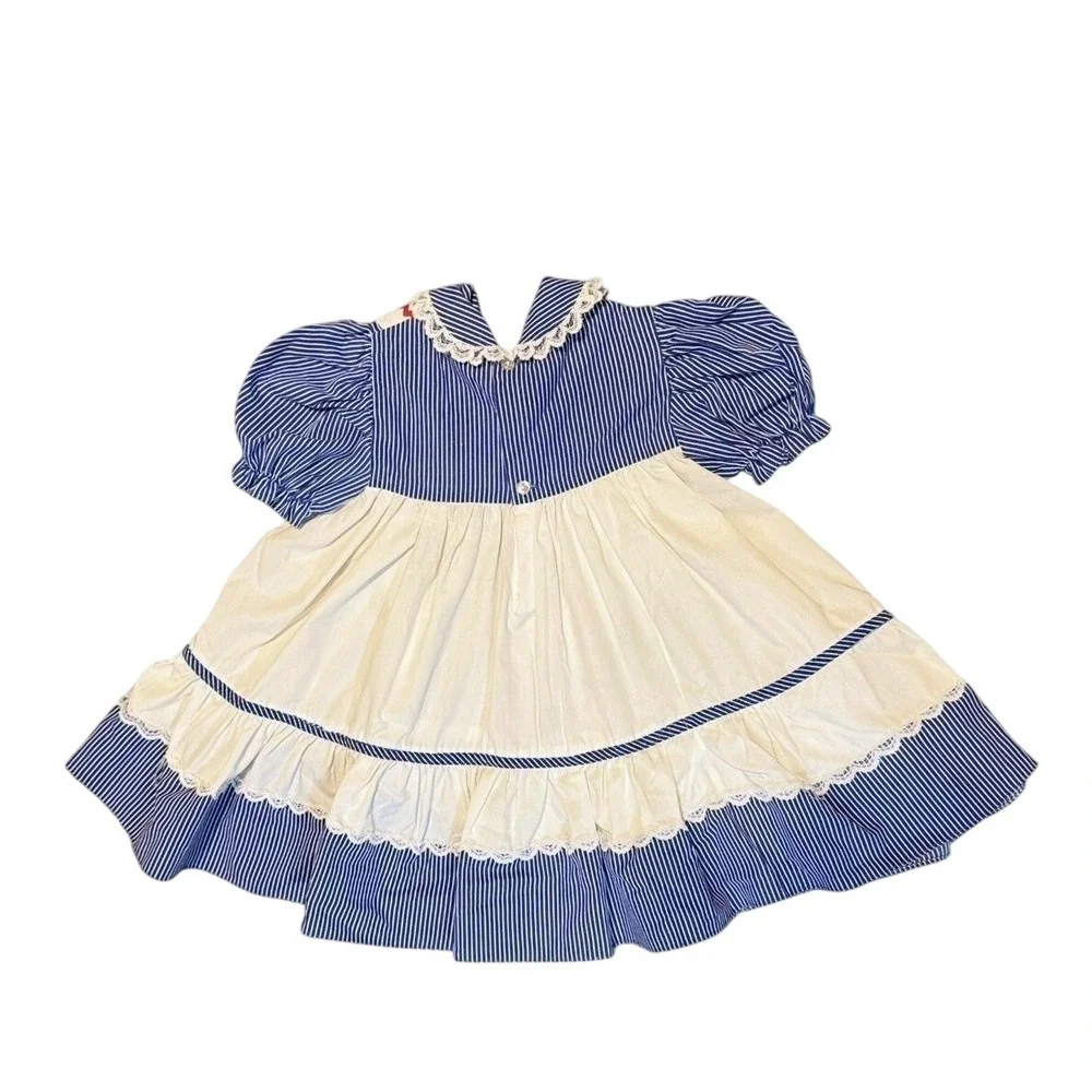 Toddler Girls Pinafore Dress 2T 3T Blue White Prairie Cottagecore Summer 80s Vtg